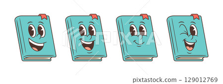 Friendly Light Blue Cartoon Book Mascots With Various Expressions And Red Bookmark Vector Illustration 129012769