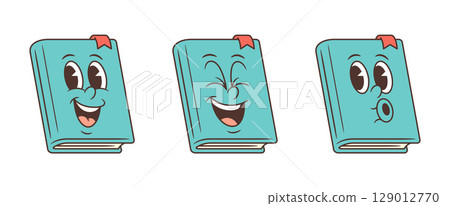 Cheerful Light Blue Cartoon Book Mascots With Expressive Faces And Red Bookmarks Vector Illustration 129012770