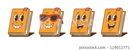 Cheerful Orange Book Mascots With Red Bookmarks Expressive Faces And Fun Poses Vector Illustration 129012771
