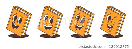 Cheerful Animated Orange Book Mascots With Playful Expressions And Dynamic Poses Vector Illustration 129012775