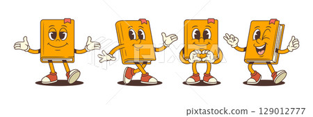 Cheerful Cartoon Book Character Set With Positive Emotions And Expressive Hand Gestures Illustration Cheerful Cartoon Book Character Set With Positive Emotions And Expressive Hand Gestures Illustration 129012777