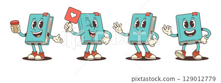 Blue Cartoon Book Character Set With Funny Emotions And Gestures For Creative Design Vector Illustration 129012779