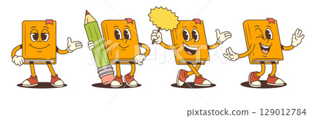 Happy Orange Book Mascot Cartoon Character Holding Pencil Waving Vector Illustration 129012784