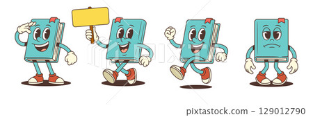 Blue Cartoon Book Mascot Character Saluting Holding Sign Running Feeling Sad Vector Illustration Blue Cartoon Book Mascot Character Saluting Holding Sign Running Feeling Sad Vector Illustration 129012790