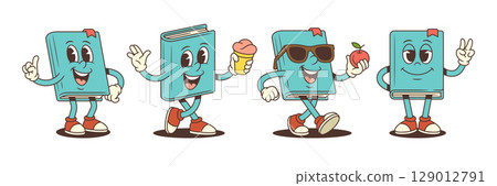 Blue Cartoon Book Mascot Holding Ice Cream Apple Pointing Finger Showing Victory Vector Illustration Blue Cartoon Book Mascot Holding Ice Cream Apple Pointing Finger Showing Victory Vector Illustration 129012791