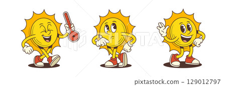 Funny Cartoon Sun Mascot Expressing Emotions with Thermometer and Gestures Vector Illustration 129012797