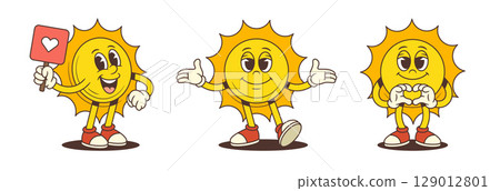 Friendly Cartoon Sun Mascot Showing Love Confidence and Positive Emotions in Bright Style Vector Illustration Friendly Cartoon Sun Mascot Showing Love Confidence and Positive Emotions in Bright Style Vector Illustration 129012801