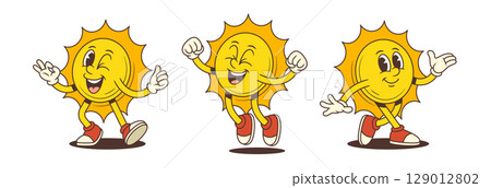 Joyful Cartoon Sun Mascot Jumping Waving and Making Gestures with Cheerful Energy Vector Illustration 129012802