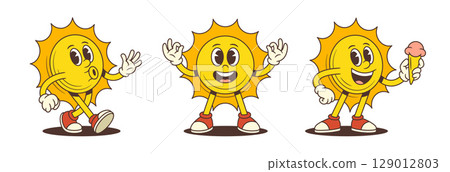 Cheerful Cartoon Sun Mascot Walking Eating Ice Cream and Posing with Peace Sign Vector Illustration Cheerful Cartoon Sun Mascot Walking Eating Ice Cream and Posing with Peace Sign Vector Illustration 129012803