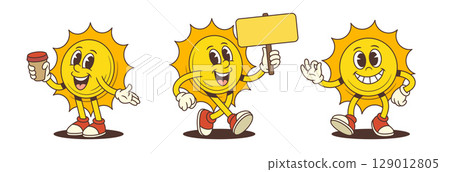 Cartoon Sun Mascot Holding Cup Waving And Walking With Sign In Playful Poses Vector Illustration 129012805