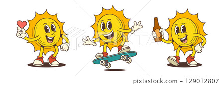 Cheerful Lively Sun Mascot Holding Heart Skateboarding Winking Red Sneakers Fun Energetic Vector Illustration Cheerful Lively Sun Mascot Holding Heart Skateboarding Winking Red Sneakers Fun Energetic Vector Illustration 129012807