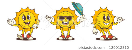 Cheerful Happy Sun Mascot Waving Winking Holding Umbrella Wearing Red Sneakers Summer Fun Vector Illustration 129012810