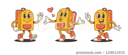 Happy School Backpack Mascot Characters with Hearts Peace and Smiling Faces Vector Illustration 129012835