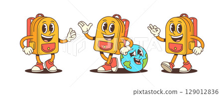 Smiling School Backpack Mascots with Earth Character and Peace Gesture Vector Illustration 129012836