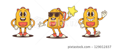 Cheerful Cartoon School Backpack Mascot Characters with Sunglasses Peace and Star Gesture 129012837
