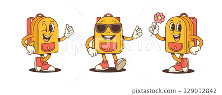 Friendly Cheerful Confident Cartoon School Backpack Mascot Characters With Sunglasses And Flowers Vector Illustration 129012842