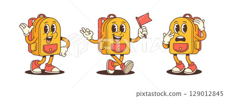 Cheerful Friendly Animated School Backpack Mascots With Expressive Gestures And Dynamic Poses Vector Illustration Cheerful Friendly Animated School Backpack Mascots With Expressive Gestures And Dynamic Poses Vector Illustration 129012845