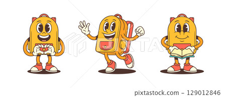Cheerful Playful Animated School Backpack Mascots Showing Love Energy And Learning Vector Illustration 129012846