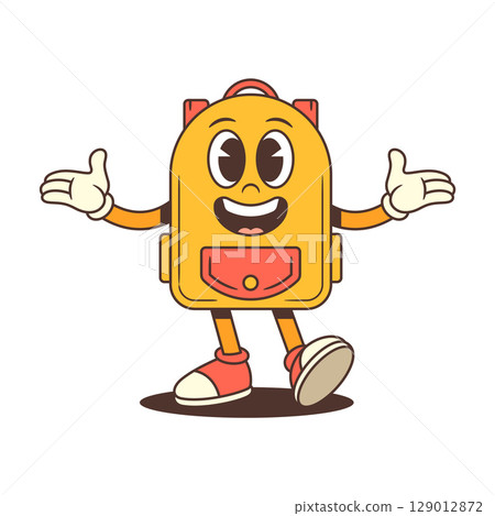 Backpack Mascot Standing with Open Arms and Bright Smile in Welcoming Pose Vector Illustration 129012872