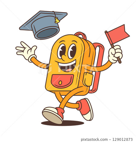 Jumping Backpack Mascot Holding Graduation Cap and Flag in Celebration Pose Vector Illustration 129012873
