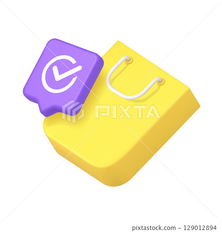 Vibrant Purple Checkmark And Bright Yellow Shopping Bag Symbolizing Approval Purchase 3d Icon 129012894