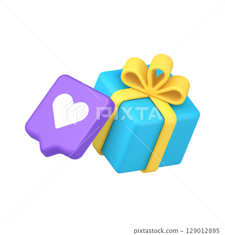 Bright Blue Gift Box With Yellow Ribbon And Purple Favorites Icon For Sales Promotion 3d Icon Bright Blue Gift Box With Yellow Ribbon And Purple Favorites Icon For Sales Promotion 3d Icon 129012895