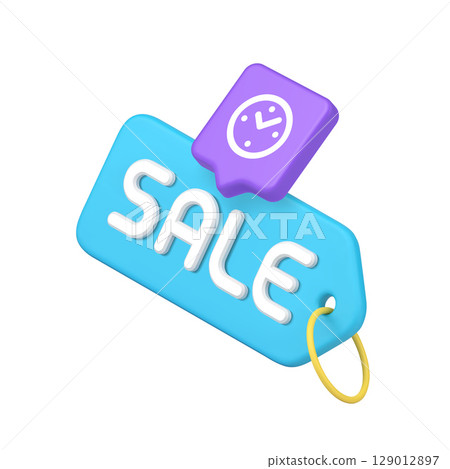 Blue Tag With Bold White Sale Text And Purple Clock Icon Representing Time Limited Promotions 129012897