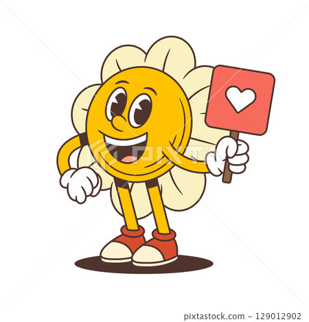 Retro Flower Character Holding Heart Sign And Waving With Friendly Cheerful Energy Vector Illustration 129012902