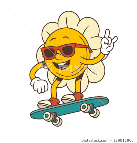Cool Flower Character On Skateboard Wearing Sunglasses And Making Rock Gesture Vector Illustration 129012903