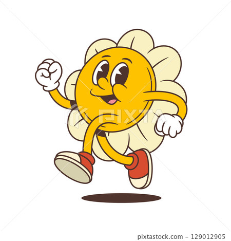 Energetic Flower Character Running Fast Big Smile Expressing Retro Joy Vector Illustration 129012905