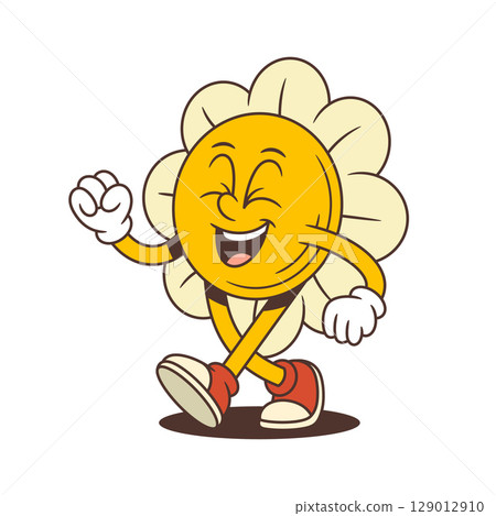 Happy Flower Character Walking With Raised Leg And Big Grin Showing Joyful Energy Vector Illustration 129012910