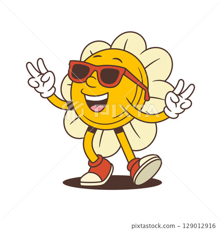 Retro Flower Character With Sunglasses Making Peace Gesture And Confident Smile Vector Illustration Retro Flower Character With Sunglasses Making Peace Gesture And Confident Smile Vector Illustration 129012916