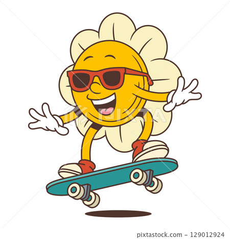 Retro Flower Character Skateboarding With Sunglasses And Peace Gesture In Fun Pose Vector Illustration 129012924