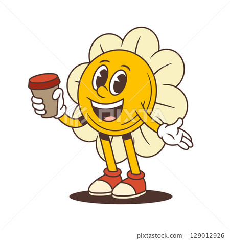 Flower Character Holding Coffee Cup With Tilted Head And Playful Expression Vector Illustration 129012926