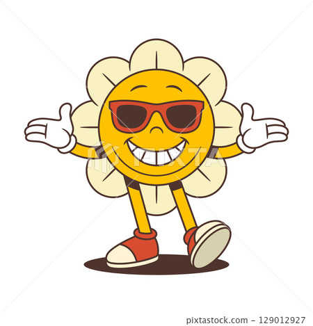 Excited Flower Character In Sunglasses With Wide Open Arms And Big Grin Vector Illustration 129012927
