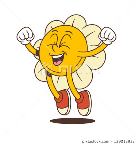 Retro Flower Character Jumping With Raised Arms And Big Smile In Happy Pose Vector Illustration 129012932