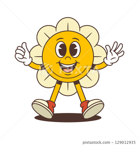 Gentle Flower Character Making Peace Sign And Smiling With Friendly Expression Vector Illustration 129012935
