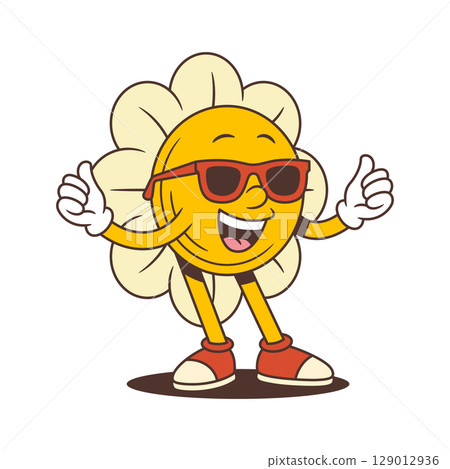 Retro Flower Character Wearing Sunglasses And Giving Confident Double Thumbs Up Vector Illustration 129012936