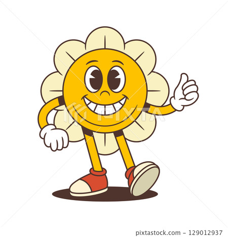 Happy Flower Character Giving Peace Sign With Inviting Smile And Cheerful Pose Vector Illustration 129012937