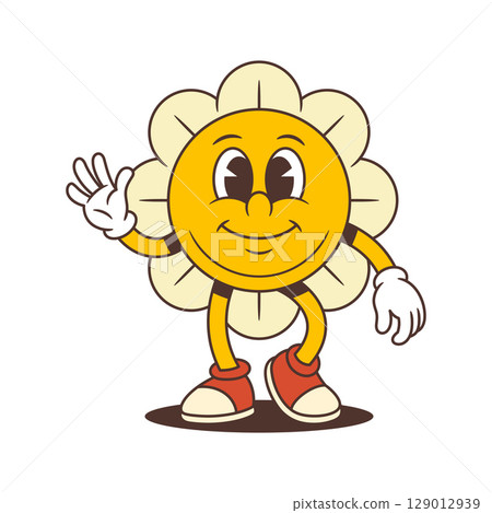 Cheerful Flower Character Standing And Waving Hand With Encouraging Smile Vector Illustration 129012939