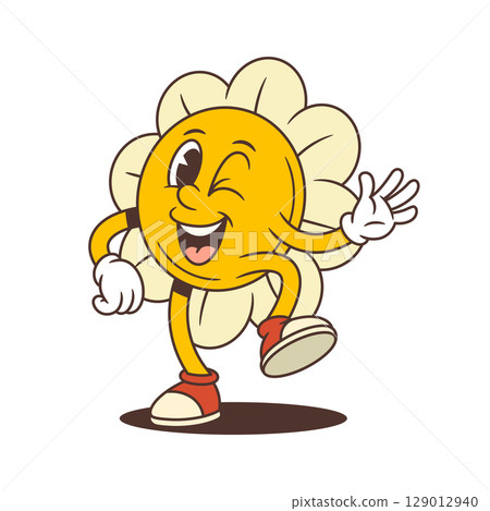 Retro Flower Character Winking And Waving With Cheerful Smile And Friendly Vibe Vector Illustration 129012940