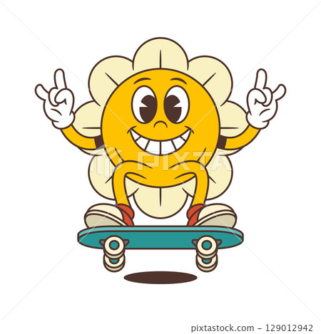 Smiling Flower Character Sitting On Skateboard With Hands Up In Victory Pose Vector Illustration Smiling Flower Character Sitting On Skateboard With Hands Up In Victory Pose Vector Illustration 129012942