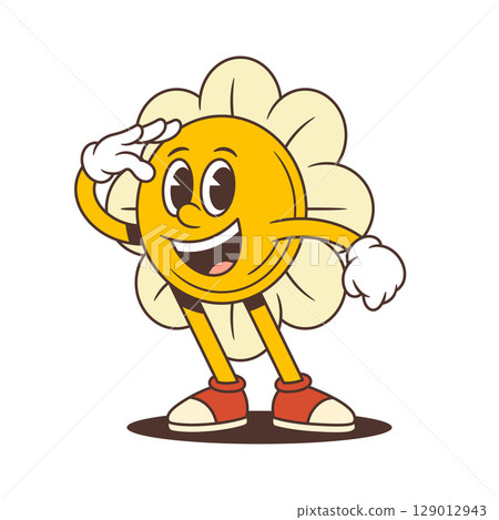 Retro Flower Character Saluting With Warm Smile And Friendly Respectful Gesture Vector Illustration 129012943