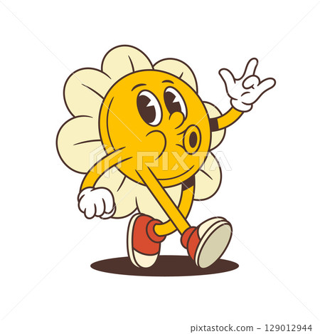 Retro Flower Character Walking With Confident Smile And Pointing Upward In Gesture Vector Illustration 129012944