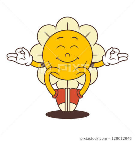 Cheerful Meditating Flower Character with Peaceful Expression and Relaxed Pose Vector Illustration Cheerful Meditating Flower Character with Peaceful Expression and Relaxed Pose Vector Illustration 129012945