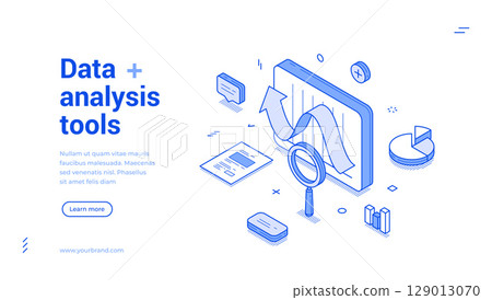 Data analysis tools statistic planning development isometric web banner design template vector 129013070