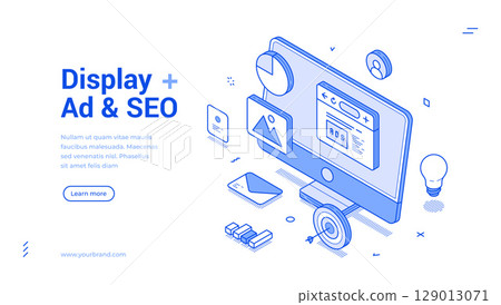 Display ad SEO internet digital marketing outline isometric web banner design template vector 129013071