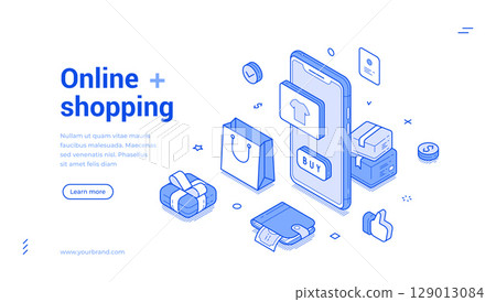 Online shopping marketplace mobile app outline isometric web banner design template vector 129013084