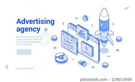 Internet advertising agency digital marketing outline isometric web banner design template vector Internet advertising agency digital marketing outline isometric web banner design template vector 129013089