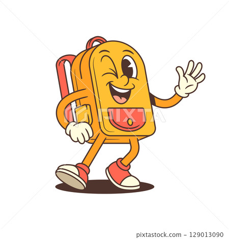Cheerful Cartoon Backpack Mascot Waving and Smiling with Confident Pose Vector Illustration 129013090